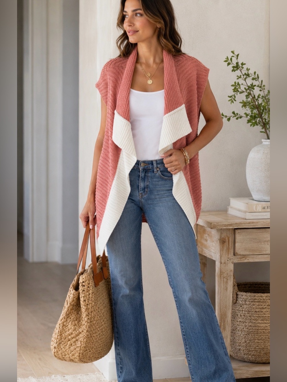 ST. JOHN S cable knit peach-white waterfall open drop sleeve quiet luxury vest